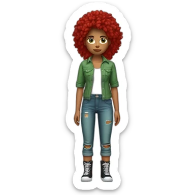 Chica pelo rojo lago rizado ojos verdes cuerpo completo con pantalones vaqueros  rotos y camiseta negra con una cadavera sticker