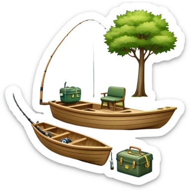 Icon for Fishing: a boat on the shore of a serene lake, including trees and water, with a scenic natural background, a fishing rod and tackle box. The icon should represent the peacefulness of fishing. Transparent background, no border. sticker