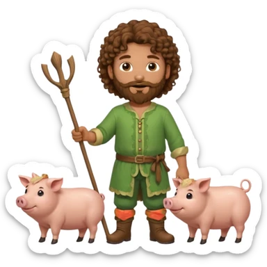 happy young shepard with long curly brown beard and long curly brown hair, in green magical outfit, with wooden shepard stick in hands, taking care of pigs sticker