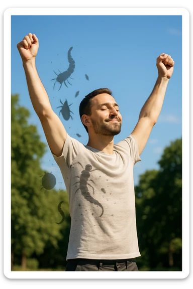 a man stands outdoors in bright sunlight, arms raised in relief and joy, while faint, shadowy silhouettes of parasites fall away from his body and dissolve into the air. His posture is upright and energetic, his expression serene and healthy. The background features green trees and a clear sky, emphasizing liberation and restored well-being. sticker