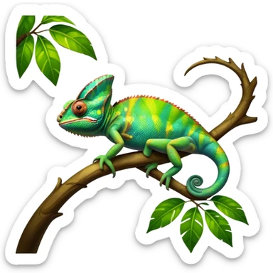 Giant Chameleon blending into natural surroundings, perched on a branch. Its vibrant colors shift with the environment. Lush greenery, branches, and soft sunlight create a peaceful, nature-filled background. Transparent background, showcasing the chameleon's colorful, textured skin. sticker