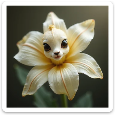 realistic vanilla flower with expressive doe eyes, subtle sparkling effect around the flower, transparent background sticker