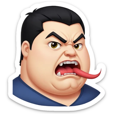 chubby young angry man in profile view with black hair, sharp fangs, crossed eyes, exaggerated long tongue sticking out sticker