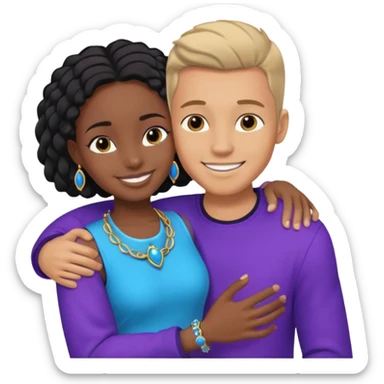 Tan European male wearing blue and smiling and hugging a jet black African girl in purple clothes with blue jewelry sticker