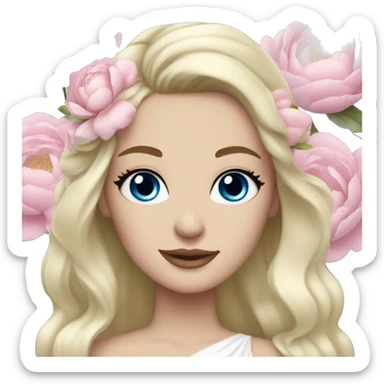 White bride with long light blonde hair and blue eyes with light pink peonies in hair white skin  sticker