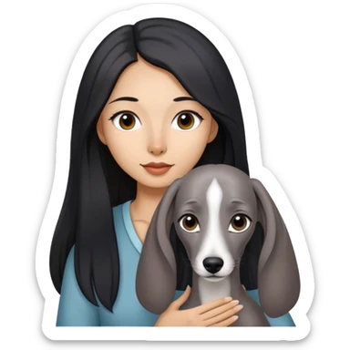 Slim Chinese girl with long black hair holding solid grey Italian greyhound with no white markings on nose sticker