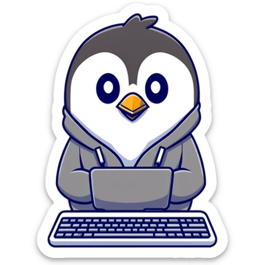 A cool penguin wearing a hoodie with sunglasses perched on head, typing with one flipper on a sleek keyboard sticker