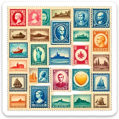 Icon for Stamp Collecting: a collection of vintage and colorful stamps arranged in an album or on a desk, with a large stamp block in the center showcasing different themes. The icon should reflect the charm and history of philately. Transparent background. sticker
