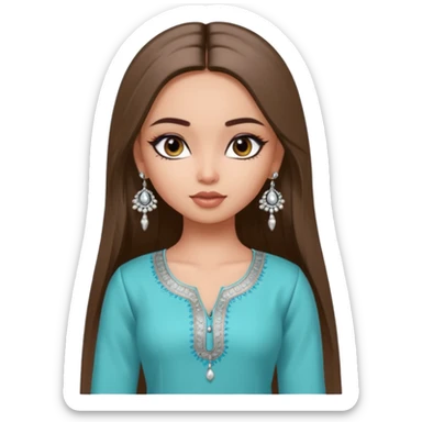 generate a pretty bratz girl wearing a kurti, eyeliner on, long straight hair, silver jhumkas in ear sticker