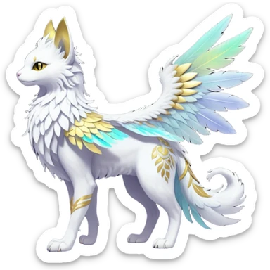 Ethereal White Iridescent Colorful Exotic White, Gold, Yellow, Silver, Beaked Feathery Nocturnal Neon-glowing Abyssal Lightly Heaven-Cat-Gryphon-Suicune-Nargacuga-Silvally-Vernid-Sergal-Fakémon-Hybrid-Creature with tufted tail (full body) sticker