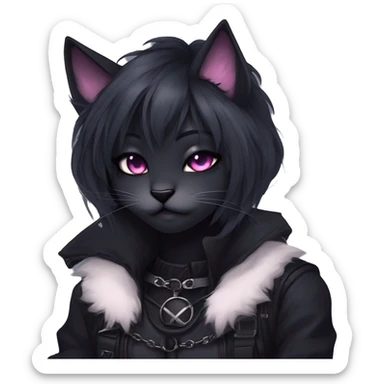 Gorgeous furry gothic dark techwear anime style anthro black cat furry sona with blushing face aesthetic and pretty edgy black with collar and harness trending style sticker