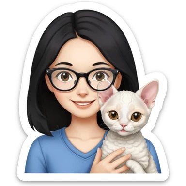 A girl with long black hair and glasses is smiling and holding a white Devon Rex sticker