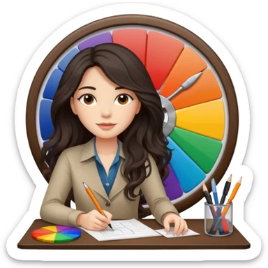 female dark wavy long hair graphic designer , big color wheel behind , pens, papers, desktop sticker