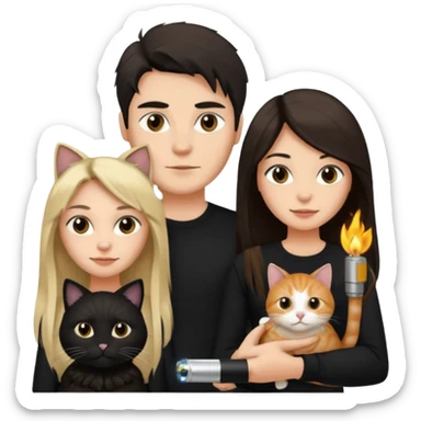 The man is wearing a black shirt and the women is wearing a black top and has longer hair. The cats fur  is lighter  sticker