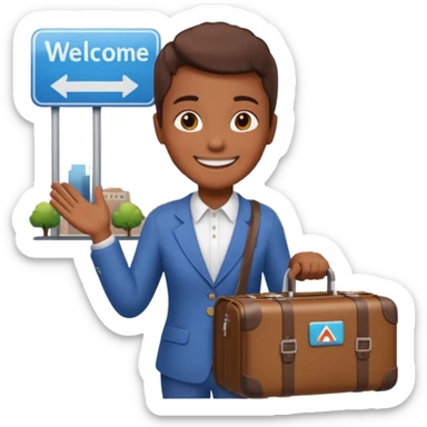 a person with luggage next to a city welcome sign, friendly and vibrant emoji style sticker