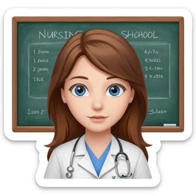 university classroom that says nursing school on the blackboard with a pretty female nursing student with long brown hair, blue eyes sticker