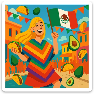 festive Cinco de Mayo cartoon of a tall blonde woman, smiling, wearing a colorful poncho, holding a taco and an avocado, waving a Mexico flag, dancing in the street, surrounded by tacos and avocados, lively street party background, bright and bold colors sticker