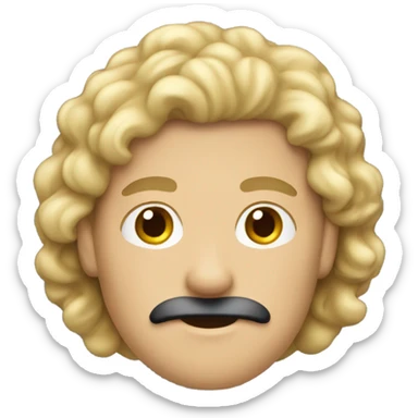 Regular caucasian guy emoji with a black mustache and shoulder length curly hair. sticker
