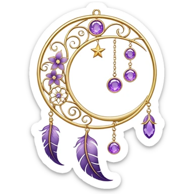 Epic beautiful gorgeous cute gold suncatcher, threads with shiny sparkly amethyst gemstones, flowers, crescents-moons, stars, violet Feather sticker