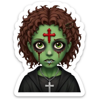 Zumbi verde com olhos castanhos aspecto de que tá sangrando, com cabelo castanho cacheado um piercing do lado esquerdo do nariz, roupa preta e crucifixo como colar, e também delineador  sticker