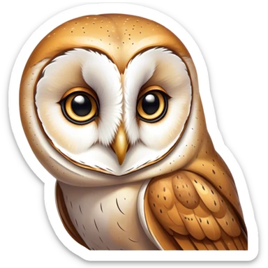 Cinematic Noble Barn Owl Portrait Emoji, Poised and regal, with a slender, graceful build and a striking mottled plumage of whites and browns, deep-set soulful amber eyes, Simplified yet sharp and sophisticated features, highly detailed, glowing with a soft, dignified glow, high shine, intelligent and mysterious, stylized with an air of nocturnal wisdom, focused and attentive, soft glowing outline, capturing the essence of a watchful and confident fowl, so majestic it feels as though it could silently glide out of the screen with effortless authority! sticker