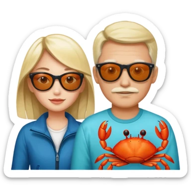 Men and girl Alaska crab are moving wearing a sunglass and 海港薈 sticker