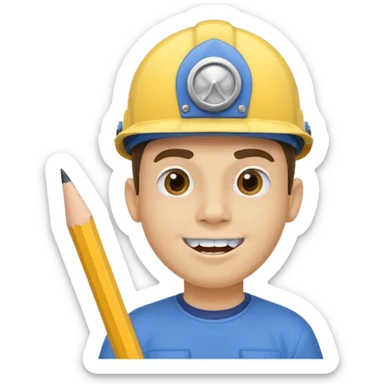 A round head puppet with 2 buck teeth a blue helmet and a round nose with a pencil in it also he has a unibrow  and a yellow shirt that says jeffy sticker