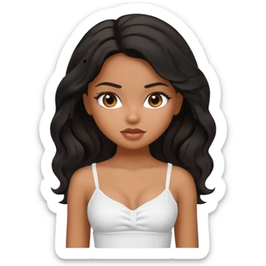 a pretty bratz tan girl with wavy black hair wearing a white cami top. Skintone is brown sticker