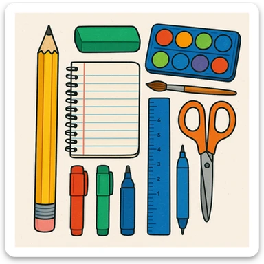 illustration of a pencil, various styles of school supplies sticker