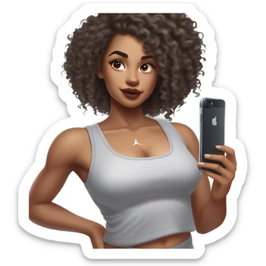 Light brown skin girl, long curly dark brown hair, glossy lips, long lashes, posing in a mirror wearing light grey leggings, light grey skims tank top, and white Nike socks, playing with her long curly hair while holding a iPhone 15  sticker