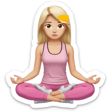 Create a young woman with long blonde hair, golden eyes, and medium-light skin tone, wearing a light pink tank top and leggings. She should be sitting cross-legged in a calm pose, but with a subtle doubting or skeptical facial expression—slightly raised eyebrow, small frown, or pursed lips.  sticker