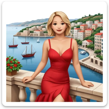 jennifer lawrence, red dress leaning on a balcony with a harbor and cityscape in the background, smiling sticker