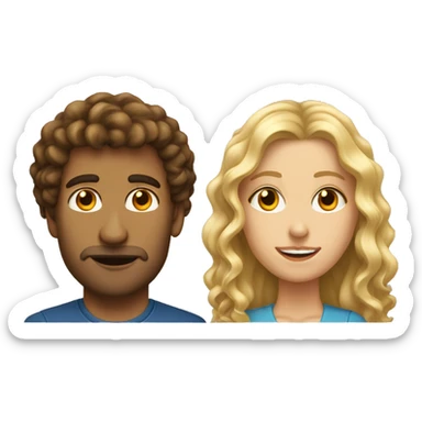blonde woman with long curly hair and tall man with brown curly hair and hooked nose sticker
