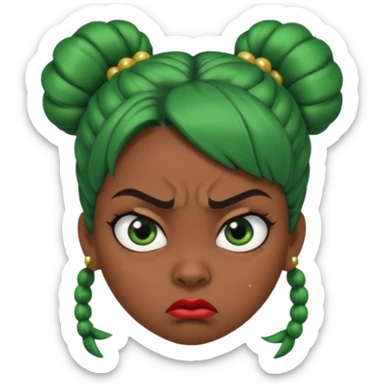 Create a 3D cartoon-style girl character with dark skin, round face, angry expression, big wide eyes, and tightly styled double buns made of green beaded hair. The girl should look irritated, eyebrows sharply angled, and lips pressed in a frown. sticker