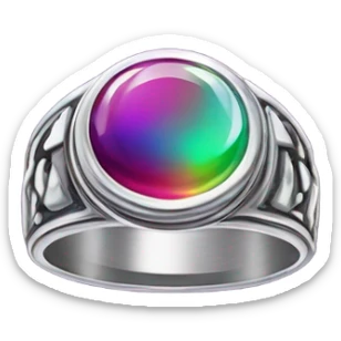 A highly detailed, close-up digital sticker of a 90s Y2K-style mood ring, featuring a chunky silver band with intricate engravings. sticker