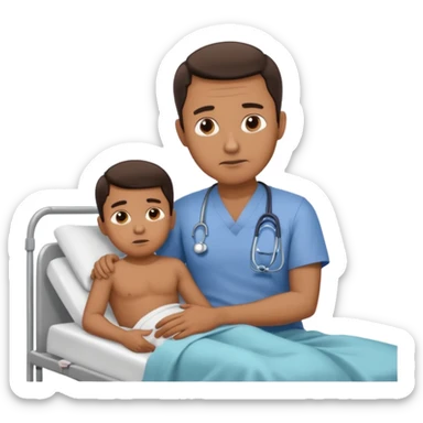 father sitting next to the hospital bed of son sticker
