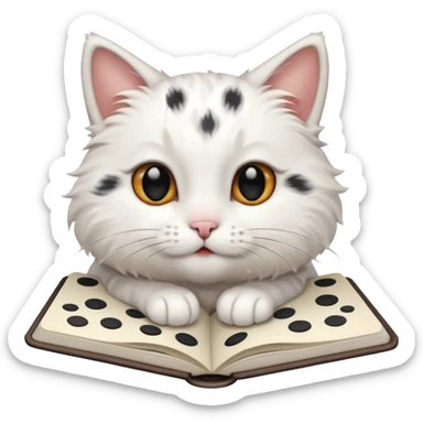  gatita blanca con manchas negras en los ojos feliz en viendo una libreta anillada  sticker