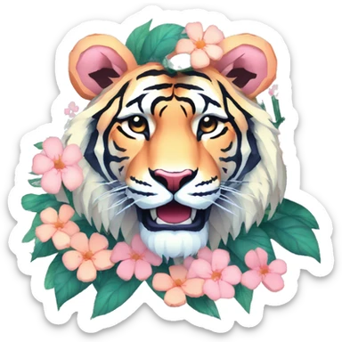 Pixel art of a pixel pink peach beige blue cream pastel pixel tiger pixel lion wearing tropical flowers and leaves, flower crown, floral, pixel sticker