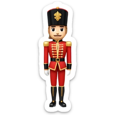 3D emoji of a majestic
Nutcracker soldier standing in front of a stylized Bolshoi Theatre facade. Snowy winter atmosphere, theatrical gold and red colors. High-quality 3D render, glossy plastic and wood textures, isolated on a white background. sticker