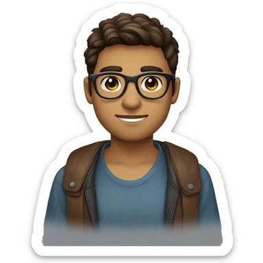 chico joven de 18 años con gafas pelo castaño corto con degradado con ojos marrones y piel un poco moreno y gafas de color azul y negro sticker