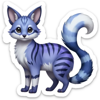  dull-colored gloomy-dark-deep-grayish-indigo-violet-gradients ghostly spectral spooky fur with random dark markings beautiful elegant pretty precious cute  Fakémon-Pokémon-opossum-feline-serval-caracal-chinchilla-Minccino-hybrid-creature with a big fluffy bushy striped tail (full body) sticker