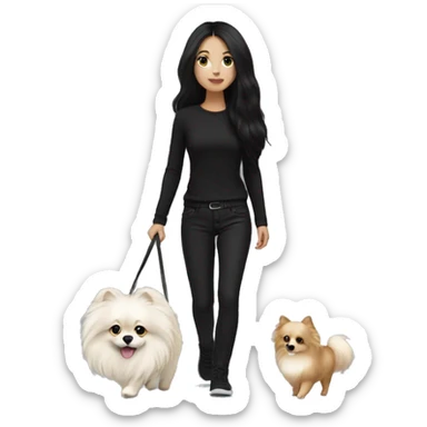 pale girl with long black hair wearing black pants walking with pomeranian sticker