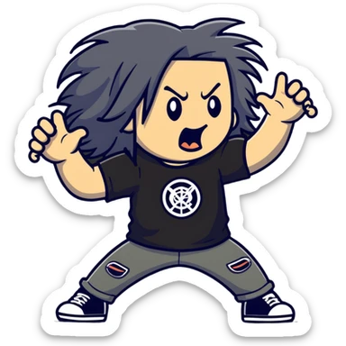 A metalhead headbanging with long hair, wearing a rock band t-shirt, excited expression sticker