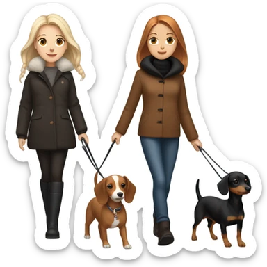 Two girls in winter coats walking- one with white skin black hair and the other with white skin and copper blonde hair with a brown and black dashedhound and the other with brown chihuahua  sticker