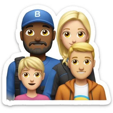 one white dad with a beard and cap, with one latino teen boy with cap and one teen white blond girl sticker