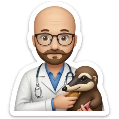 A bald veterinarian with a beard and glasses, mustache holding an the animal is "anteater" oso hormiguero  sticker