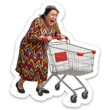 hysterical Uzbek woman with a shopping cart sticker