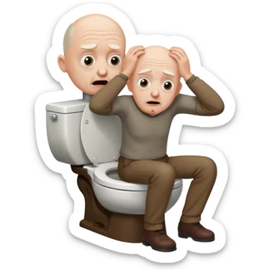 A bald person who’s very old is staring, he’s inside a toilet and his head is upright and looking at the camera with very wide eyes and his hands are putting pressure on his head, very scared expression and he’s shaking his butt sticker