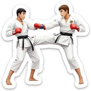 Two taekwondo fighters in traditional white doboks with black belts. One delivers a powerful kick, while the other defends by blocking with his knee. The background shows a professional arena with bright lights and an excited crowd. Transparent background highlights the intense action sticker