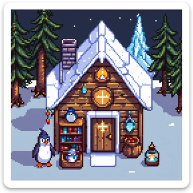 Cozy penguin wizard cottage with spell books, icy decorations, and magical artifacts sticker